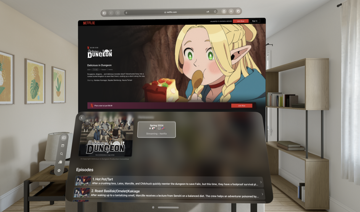 Episode Listing along side Netflix site on visionOS